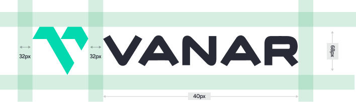 Clear-space diagram for the full Vanar logotype, measured in units of the mark's height